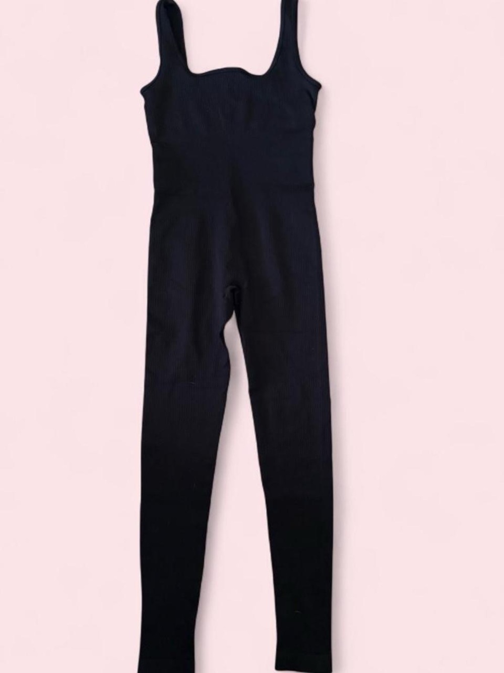 Ribbed Black Slim-Fit Jumpsuit with Square Neck